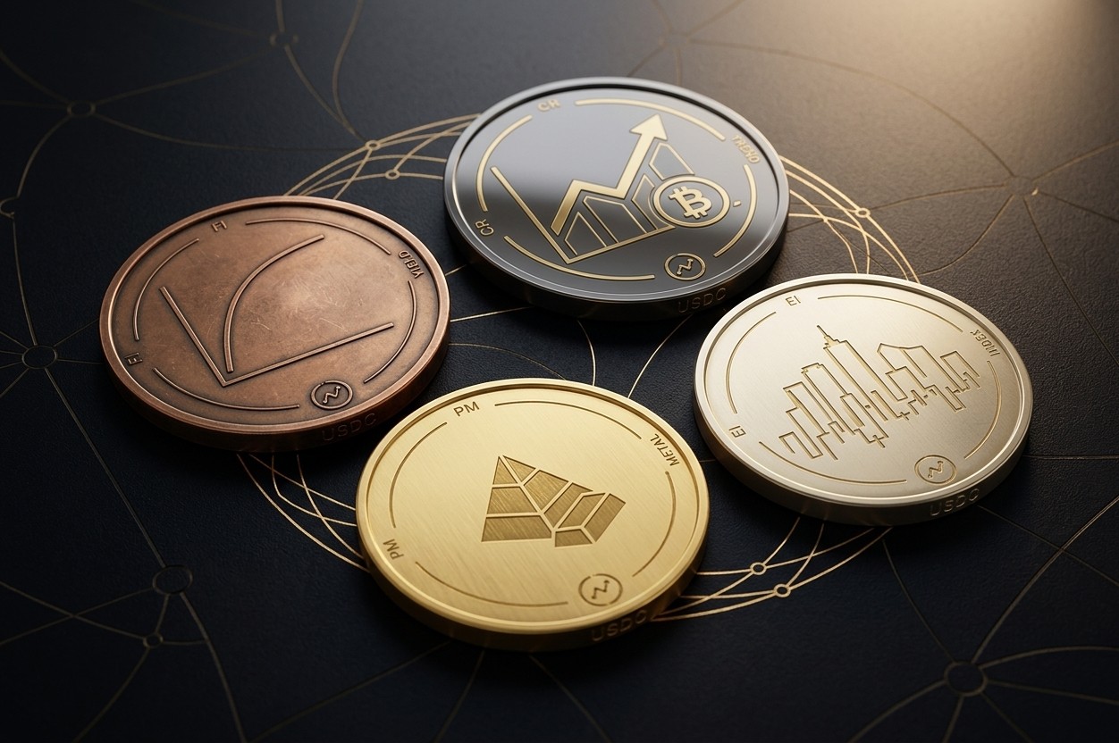 Four minted USDC vault coins: Fixed Income in copper, Crypto Momentum in silver, Precious Metals in gold, and Equity Indices in pale gold, resting on a dark surface traced with a gold network.